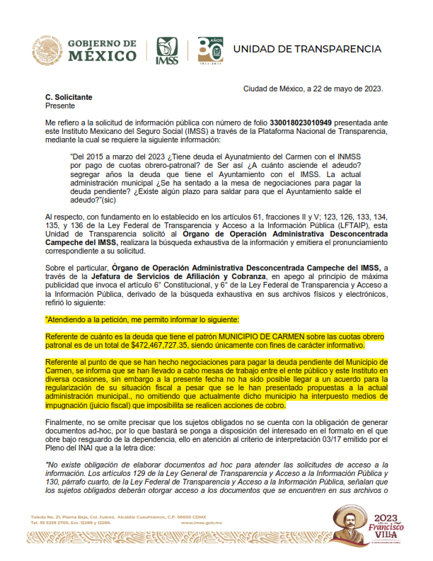 Aumenta deuda del Ayuntamiento del Carmen al IMSS