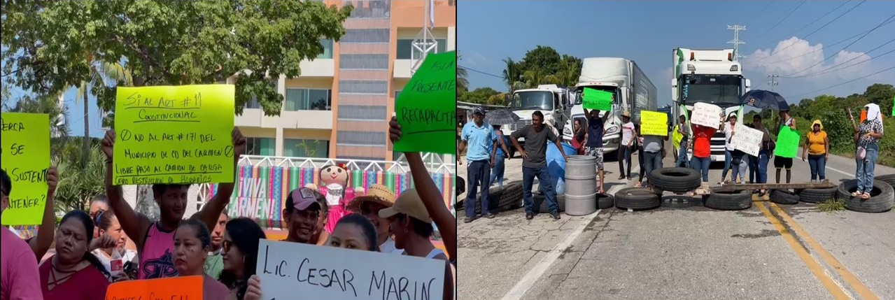 Dueños de fondas de Isla Aguada se manifiestan frente a palacio municipal de Ciudad del Carmen, luego bloquearon la carretera de Isla Aguada