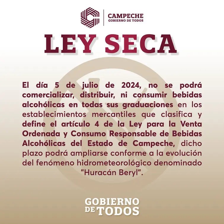Ley Seca en 13 municipios de Campeche para este viernes 5 de julio
